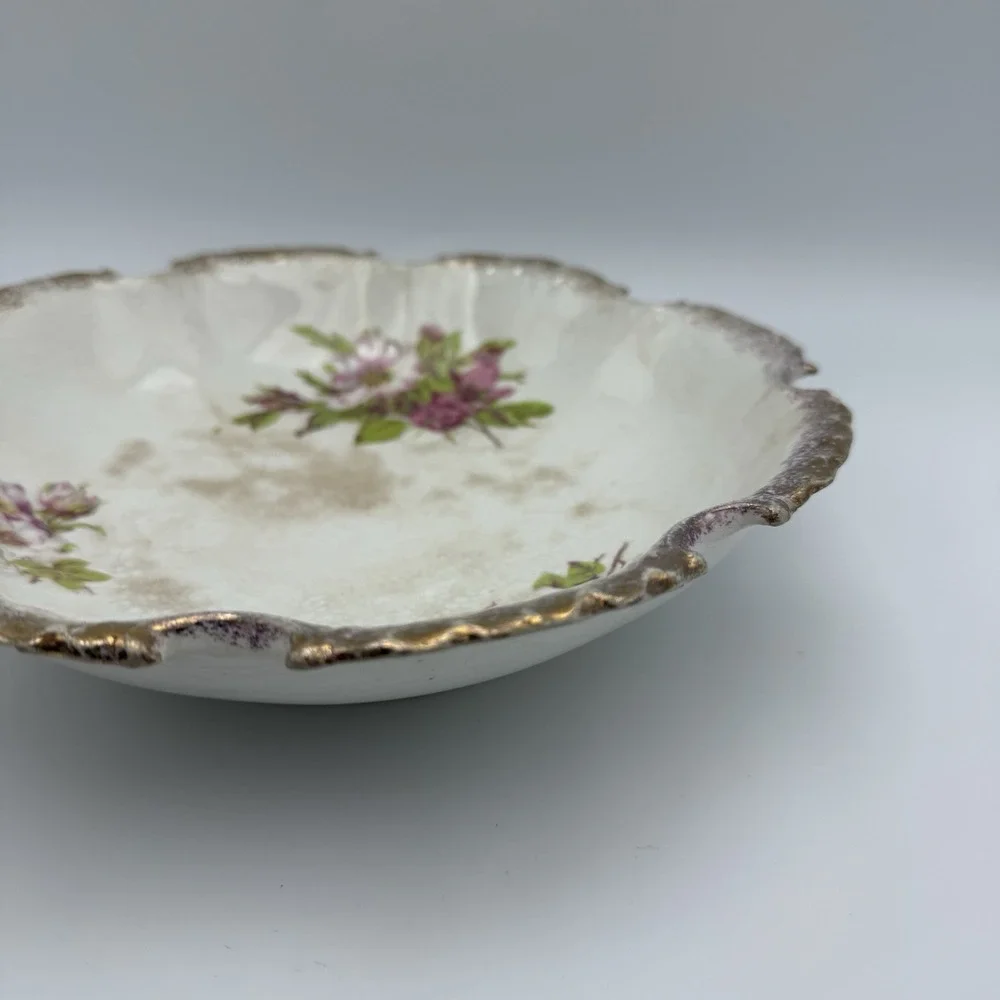 Vintage Dresden China‎ Thistle Floral Transferware Serving Bowl Dish Stain Decor